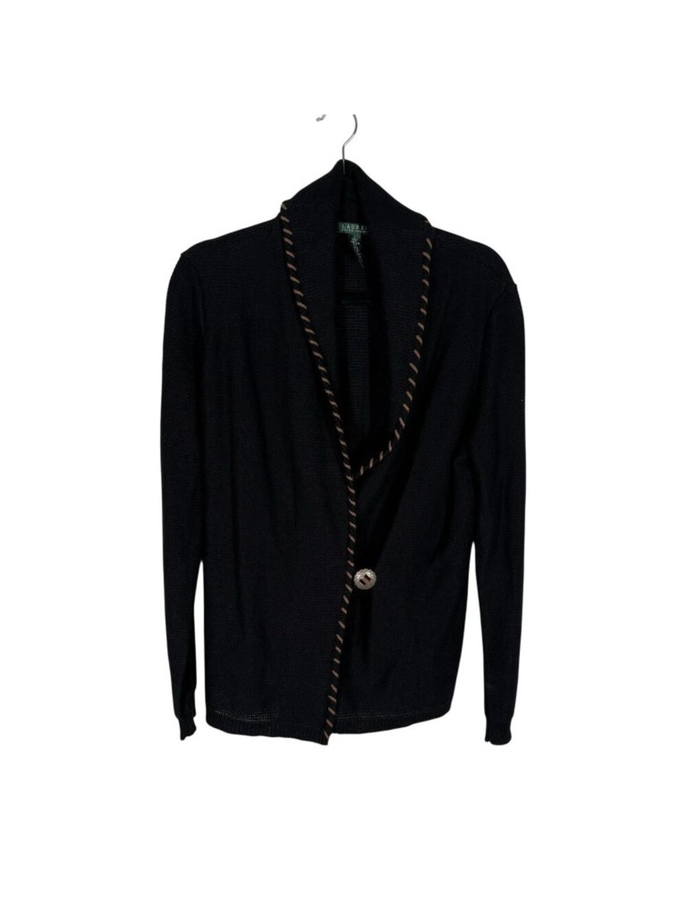 Lauren Ralph Lauren Women L Black w/Brown Whipstick Collar LInen Blend Cardigan